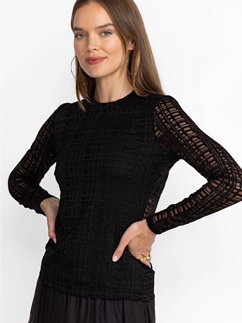 Johnny Was Jade Natalie Mesh Long Sleeve Tee In Black Large NWT